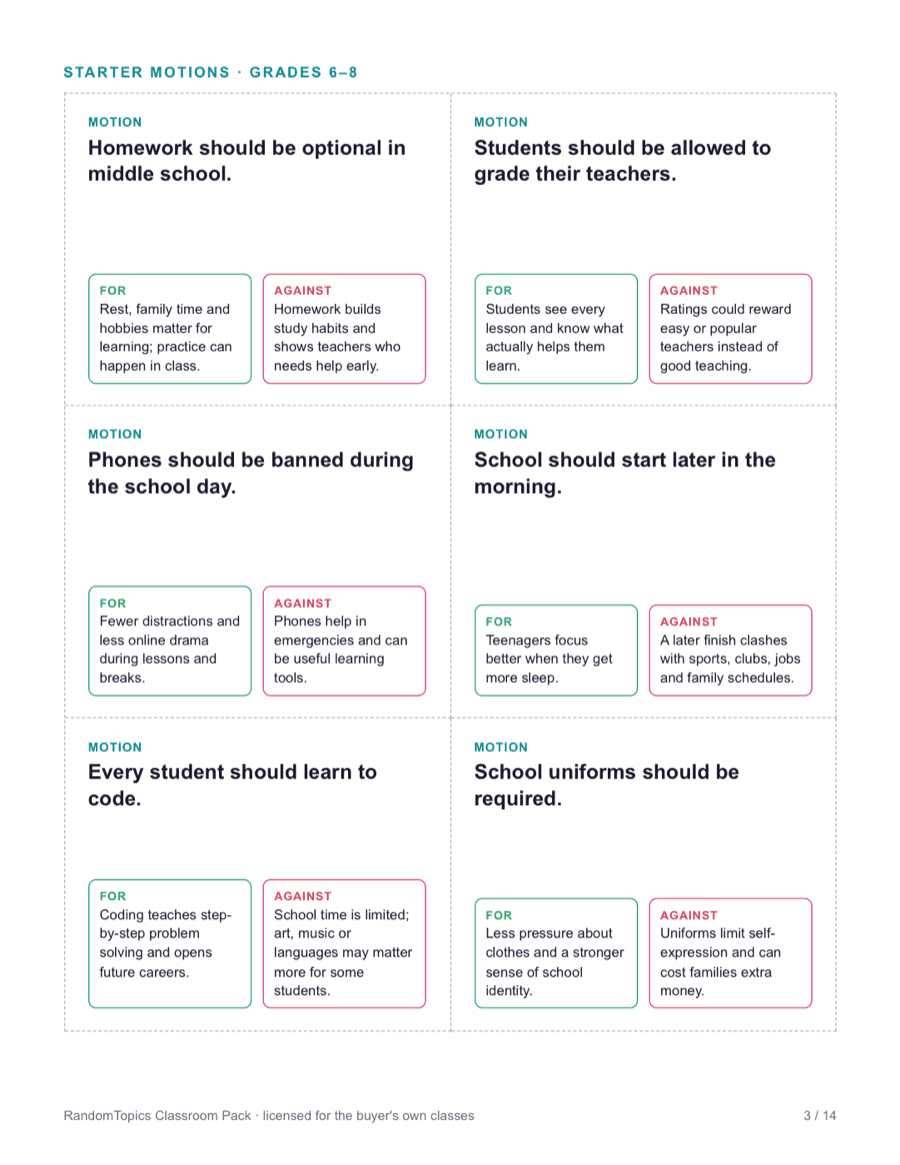 Debate Topics ยท 60 motions: Printable PDF page
