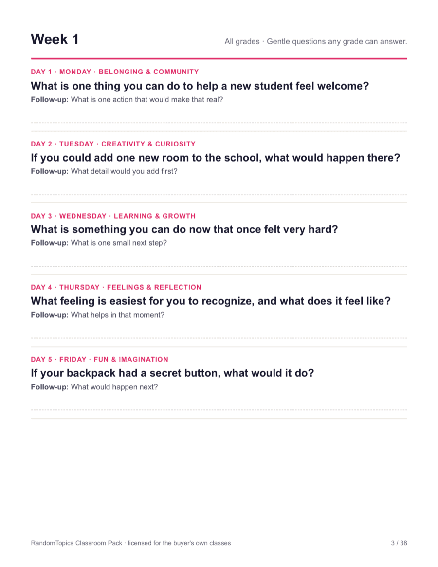 Question of the Day · 180 days: printable PDF page