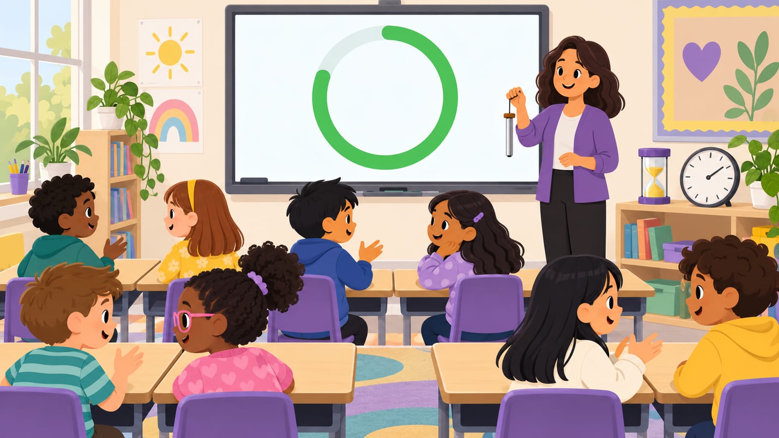 Illustrated classroom with a big countdown ring on the board while pairs of students talk
