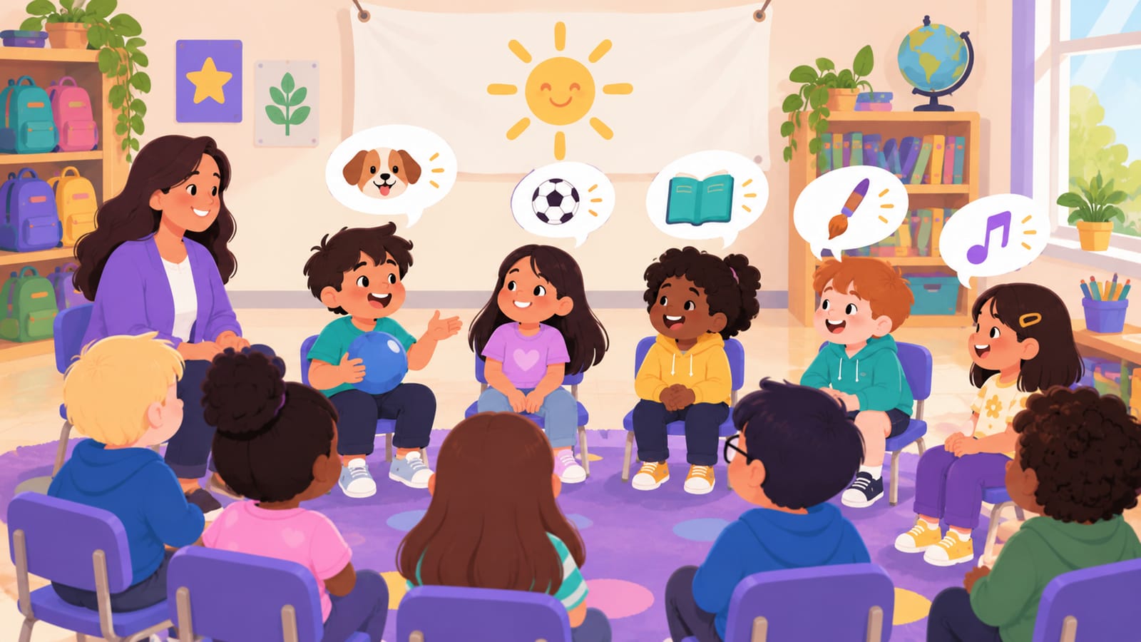Illustrated students in a circle sharing answers on the first day of school