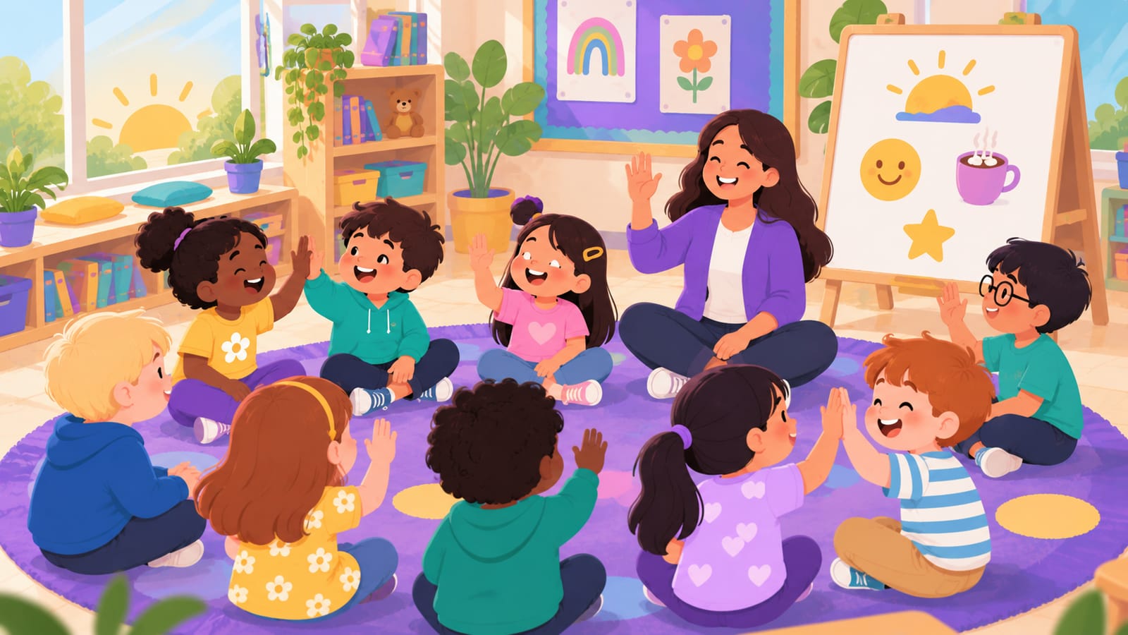 Illustrated children greeting each other in a circle on a classroom rug during morning meeting
