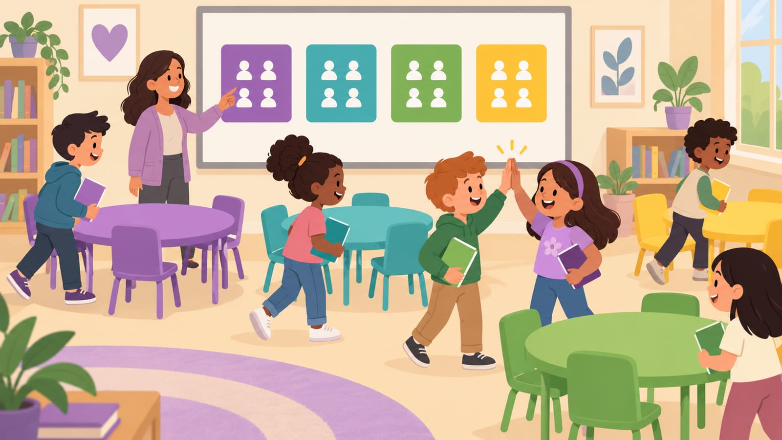 Illustrated students moving into small color-coded groups shown on a classroom board