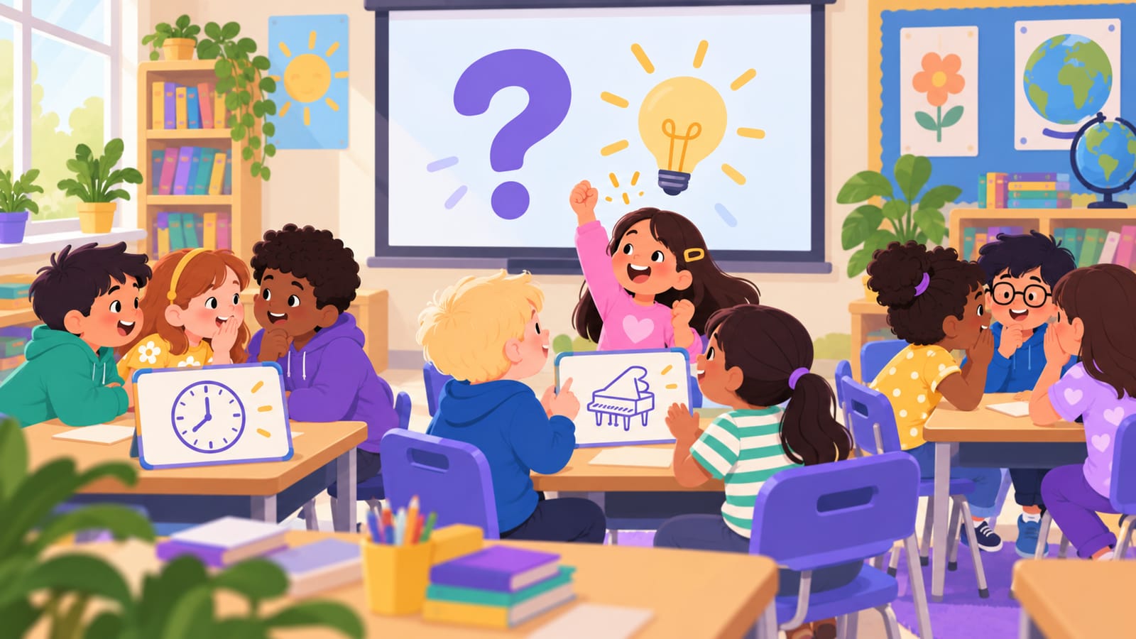 Illustrated kids puzzling over a projected riddle with a question mark and a lightbulb