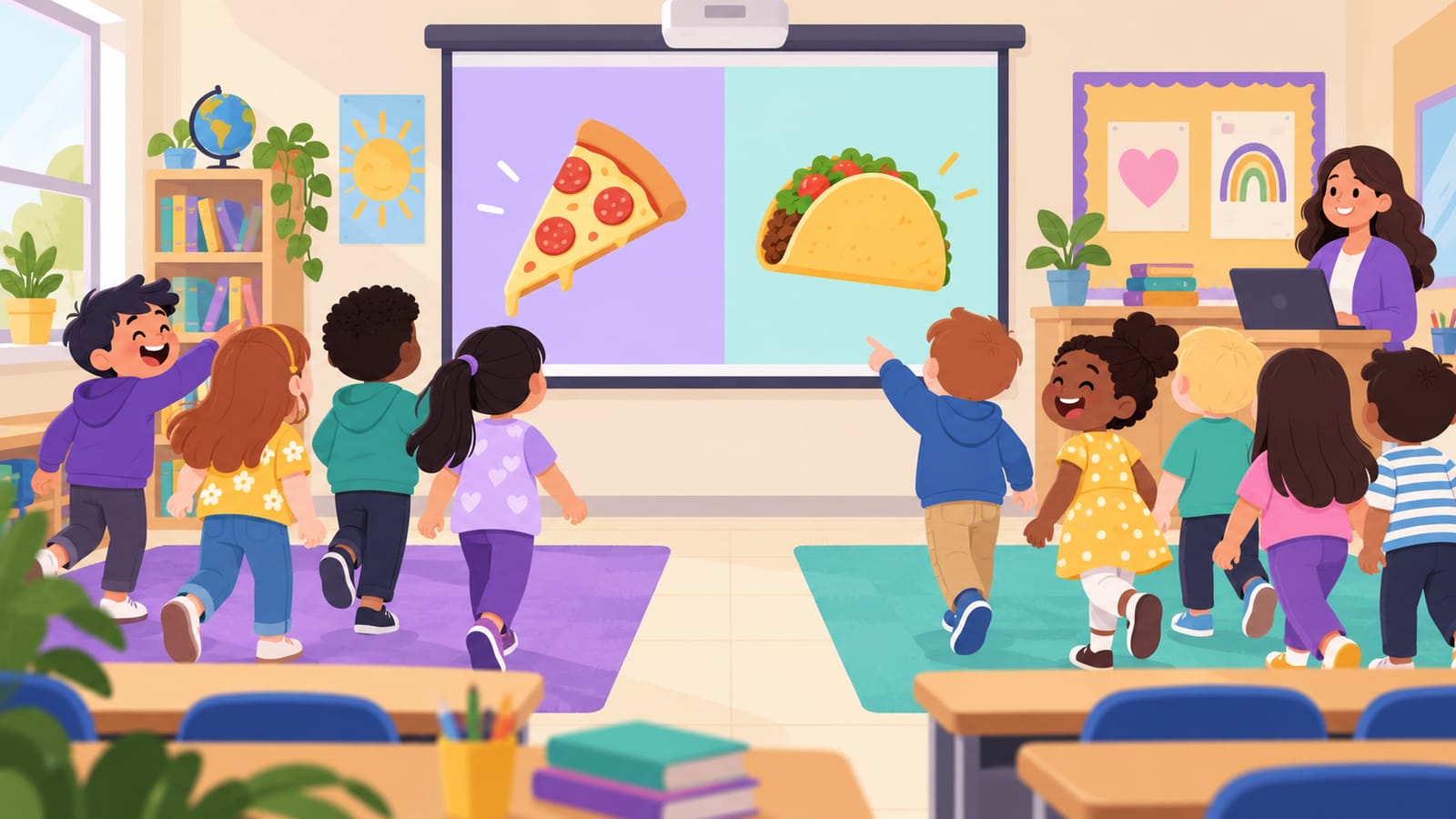 Illustrated classroom where kids stand on two sides of the room under a projected this-or-that question