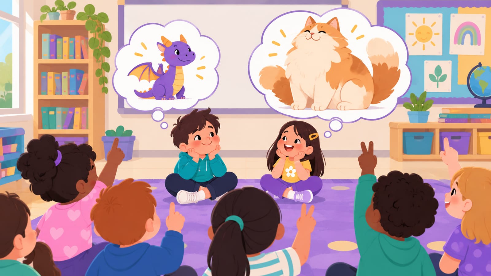 Illustrated kids imagining a pet dragon on one side and a pet robot on the other