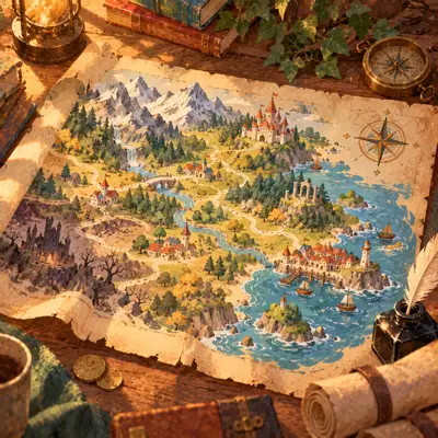Hand-drawn fantasy map dotted with little towns and roads