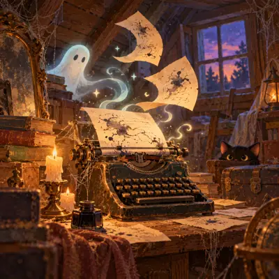 Haunted attic with an old typewriter and ghostly paper sheets