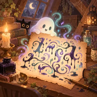 Spooky storybook scene of letters dripping with glitchy marks