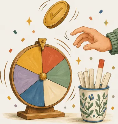 A spinning decision wheel, a cup of drawing lots and a tossed coin